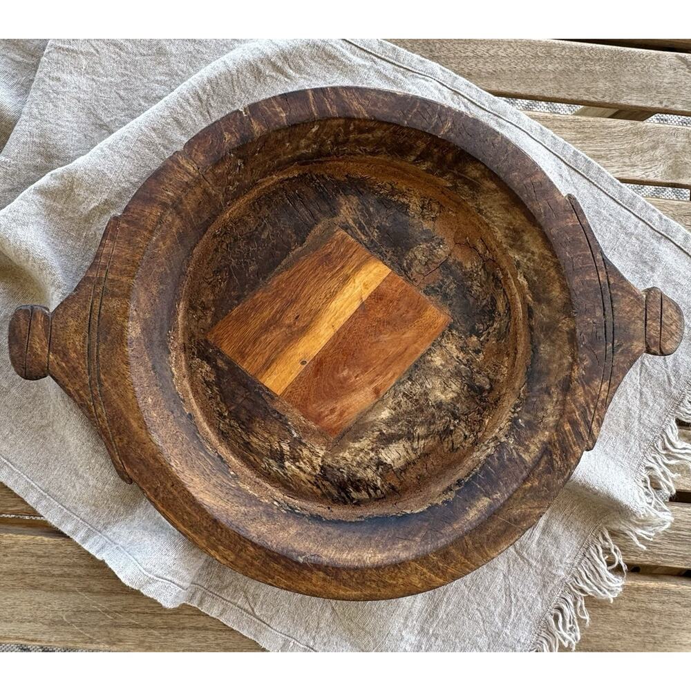Antique Wooden Dough Kneading Parat Bowl Hand Carved Tray Primitive 20" Repaired